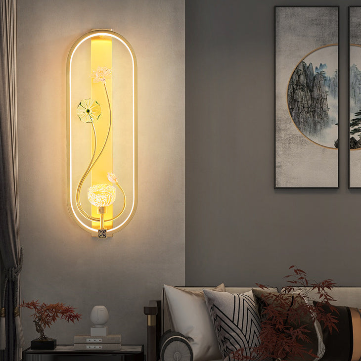 Traditional Chinese Ruffle Flower Oval Glass Copper LED Wall Sconce Lamp For Living Room