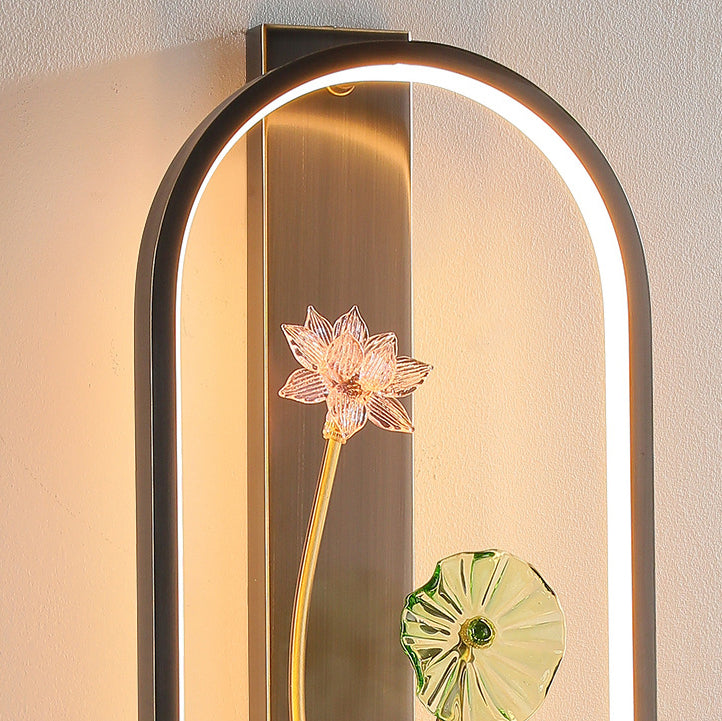 Traditional Chinese Ruffle Flower Oval Glass Copper LED Wall Sconce Lamp For Living Room