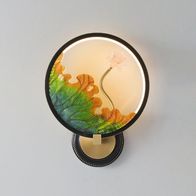 Traditional Chinese Lotus Leaf Flower Round Acrylic Glass Copper LED Wall Sconce Lamp For Living Room