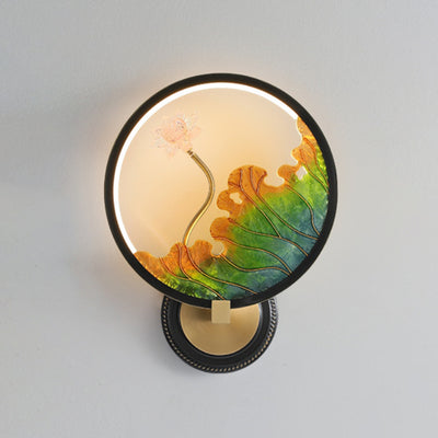 Traditional Chinese Lotus Leaf Flower Round Acrylic Glass Copper LED Wall Sconce Lamp For Living Room