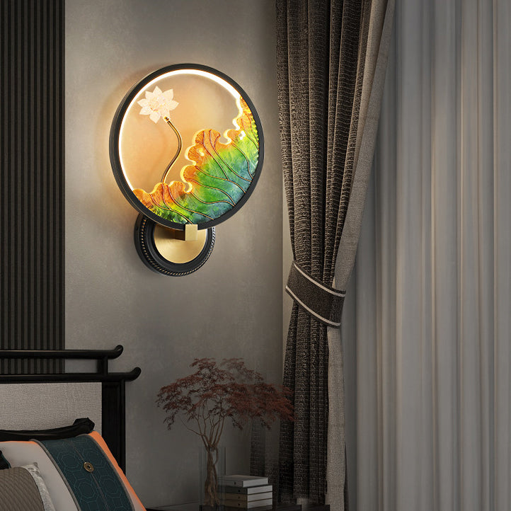 Traditional Chinese Lotus Leaf Flower Round Acrylic Glass Copper LED Wall Sconce Lamp For Living Room