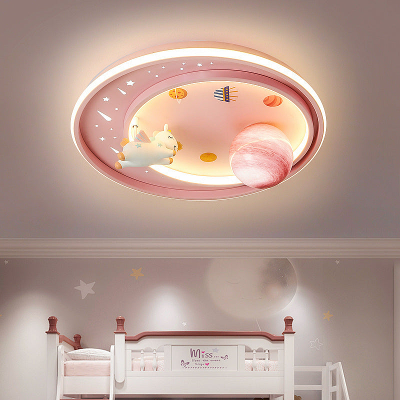 Modern Art Deco Kids Unicorn Planet Round Acrylic Iron LED Flush Mount Ceiling Light For Bedroom