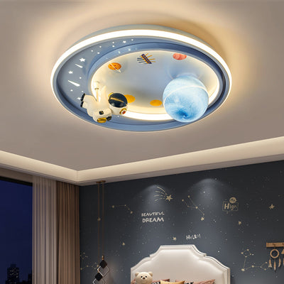 Modern Art Deco Kids Unicorn Planet Round Acrylic Iron LED Flush Mount Ceiling Light For Bedroom