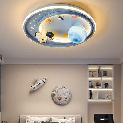 Modern Art Deco Kids Unicorn Planet Round Acrylic Iron LED Flush Mount Ceiling Light For Bedroom