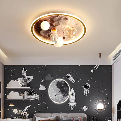 Modern Art Deco Kids Astronaut Planet Orb Round Acrylic Iron LED Flush Mount Ceiling Light For Bedroom