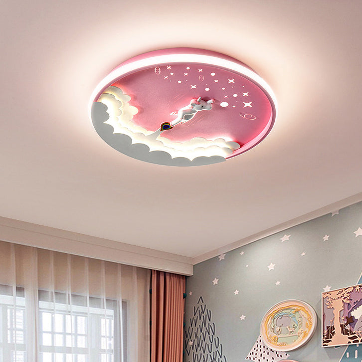 Modern Art Deco Kids Unicorn Rocket Round Silicone Iron LED Flush Mount Ceiling Light For Living Room