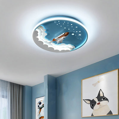 Modern Art Deco Kids Unicorn Rocket Round Silicone Iron LED Flush Mount Ceiling Light For Living Room