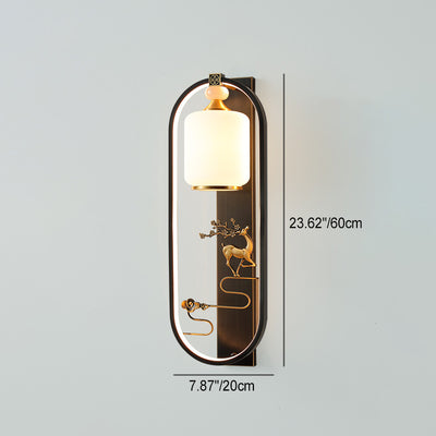 Traditional Chinese Deer Cylinder Oval Glass Jade Brass LED Wall Sconce Lamp For Living Room