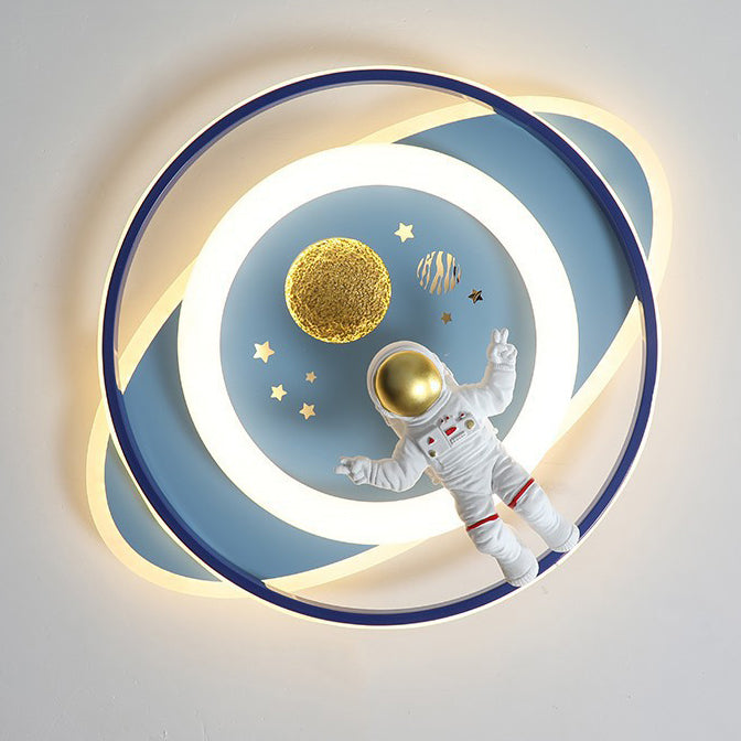 Modern Art Deco Kids Astronauts Airplanes Cartoon Oval Acrylic Iron LED Flush Mount Ceiling Light For Living Room