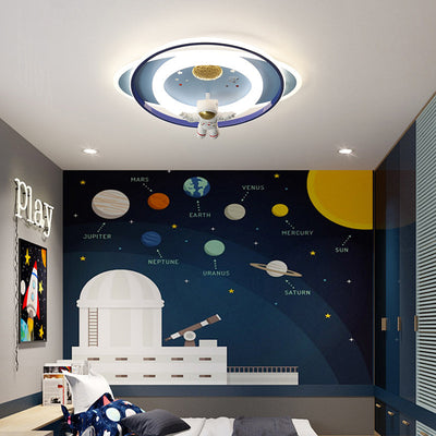 Modern Art Deco Kids Astronauts Airplanes Cartoon Oval Acrylic Iron LED Flush Mount Ceiling Light For Living Room