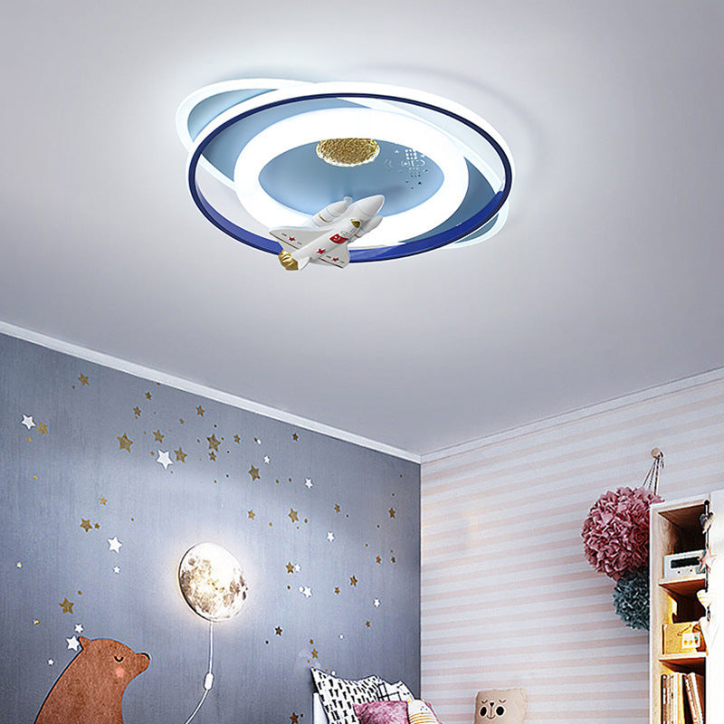 Modern Art Deco Kids Astronauts Airplanes Cartoon Oval Acrylic Iron LED Flush Mount Ceiling Light For Living Room