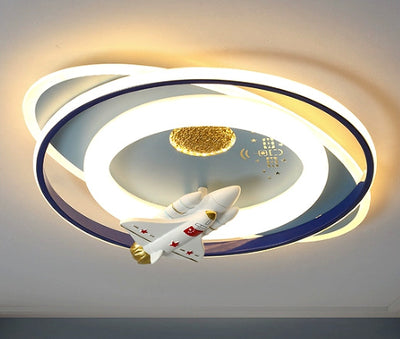 Modern Art Deco Kids Astronauts Airplanes Cartoon Oval Acrylic Iron LED Flush Mount Ceiling Light For Living Room