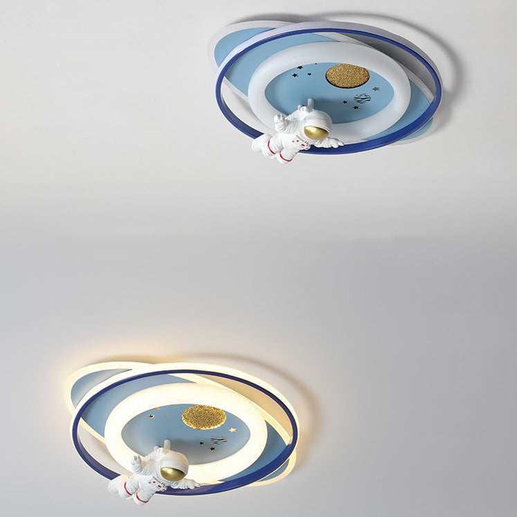 Modern Art Deco Kids Astronauts Airplanes Cartoon Oval Acrylic Iron LED Flush Mount Ceiling Light For Living Room