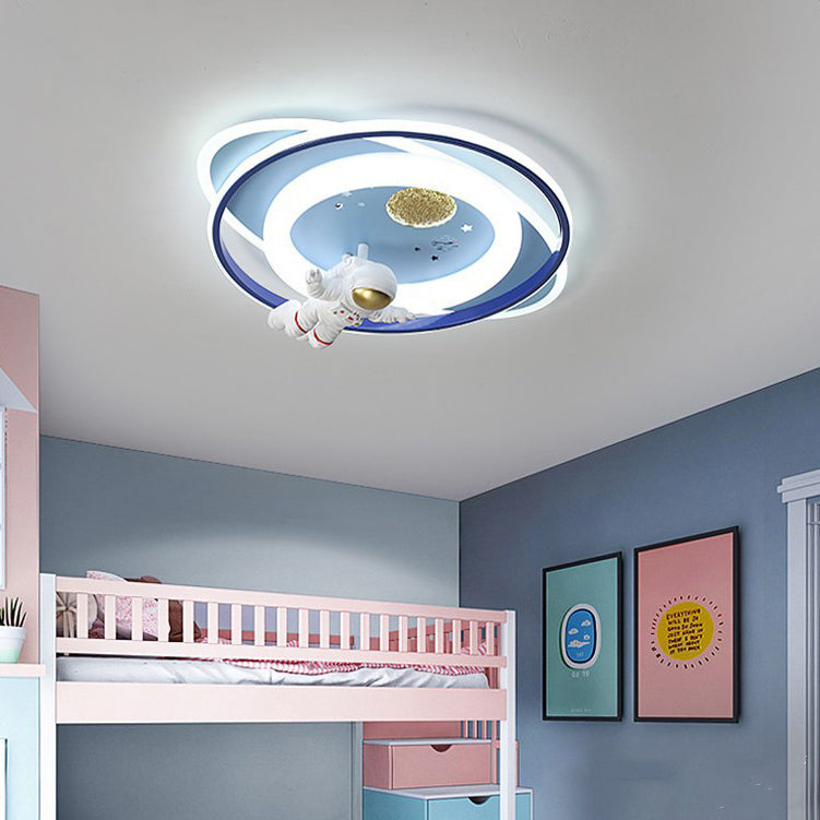 Modern Art Deco Kids Astronauts Airplanes Cartoon Oval Acrylic Iron LED Flush Mount Ceiling Light For Living Room