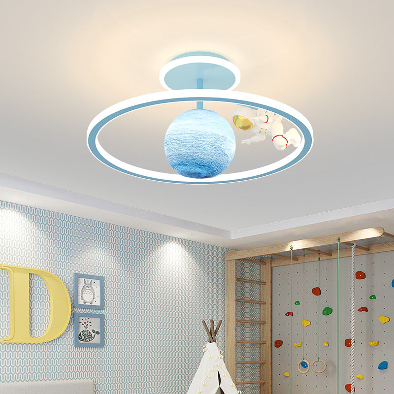 Modern Art Deco Kids Astronaut Planet Round Glass Iron LED Semi-Flush Mount Ceiling Light For Living Room