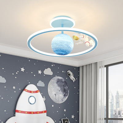 Modern Art Deco Kids Astronaut Planet Round Glass Iron LED Semi-Flush Mount Ceiling Light For Living Room