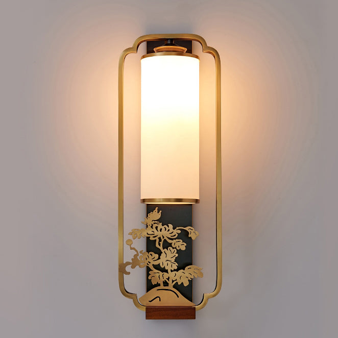 Traditional Chinese Cylinder Square Flower Deer Glass Iron 1-Light Wall Sconce Lamp For Living Room