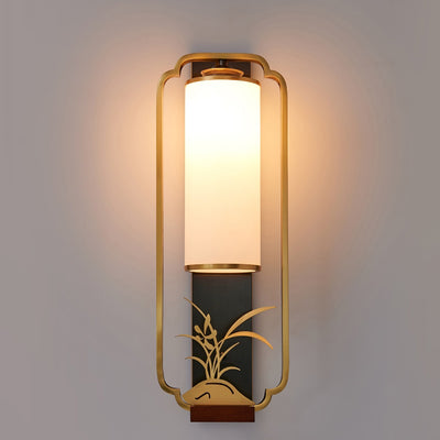 Traditional Chinese Cylinder Square Flower Deer Glass Iron 1-Light Wall Sconce Lamp For Living Room