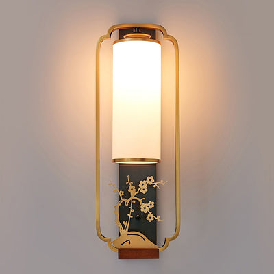 Traditional Chinese Cylinder Square Flower Deer Glass Iron 1-Light Wall Sconce Lamp For Living Room