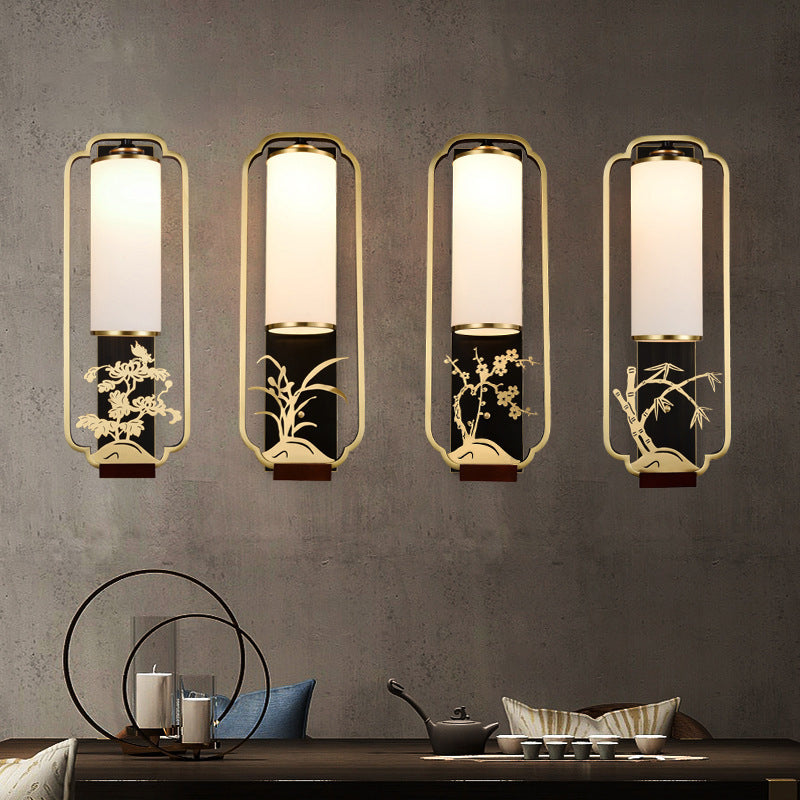 Traditional Chinese Cylinder Square Flower Deer Glass Iron 1-Light Wall Sconce Lamp For Living Room