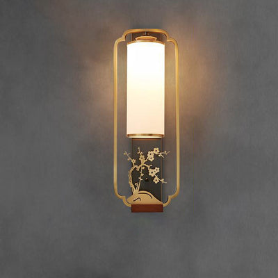 Traditional Chinese Cylinder Square Flower Deer Glass Iron 1-Light Wall Sconce Lamp For Living Room