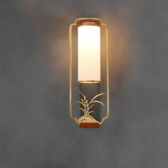 Traditional Chinese Cylinder Square Flower Deer Glass Iron 1-Light Wall Sconce Lamp For Living Room