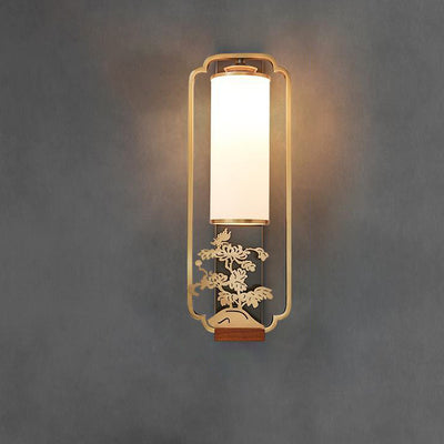 Traditional Chinese Cylinder Square Flower Deer Glass Iron 1-Light Wall Sconce Lamp For Living Room