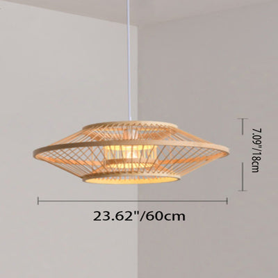 Traditional Chinese Flying Saucer Double Tier Round Bamboo 1-Light Pendant Light For Living Room