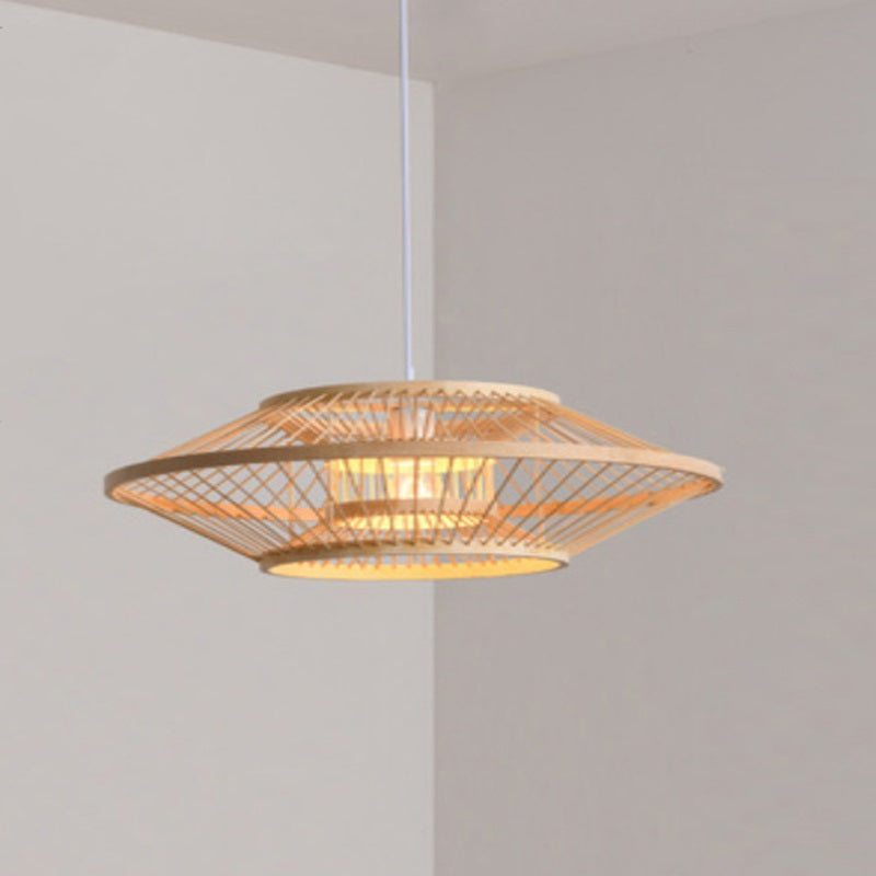 Traditional Chinese Flying Saucer Double Tier Round Bamboo 1-Light Pendant Light For Living Room