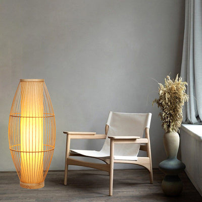 Traditional Japanese Wine Barrel Round Hollowed Out Parchment-Like Bamboo 1-Light Standing Floor Lamp For Living Room