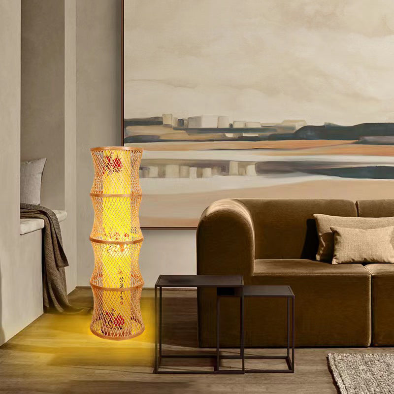 Traditional Japanese Wine Barrel Round Hollowed Out Parchment-Like Bamboo 1-Light Standing Floor Lamp For Living Room