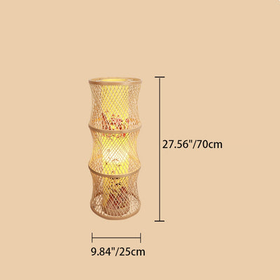 Traditional Japanese Wine Barrel Round Hollowed Out Parchment-Like Bamboo 1-Light Standing Floor Lamp For Living Room