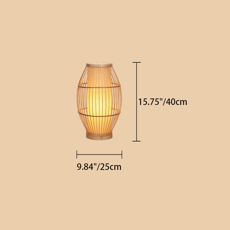 Traditional Japanese Wine Barrel Round Hollowed Out Parchment-Like Bamboo 1-Light Standing Floor Lamp For Living Room