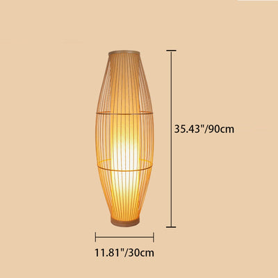 Traditional Japanese Wine Barrel Round Hollowed Out Parchment-Like Bamboo 1-Light Standing Floor Lamp For Living Room