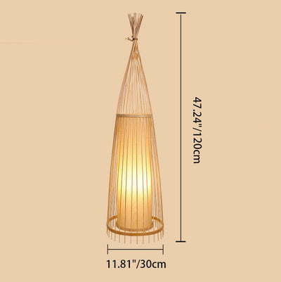 Traditional Japanese Wine Barrel Round Hollowed Out Parchment-Like Bamboo 1-Light Standing Floor Lamp For Living Room