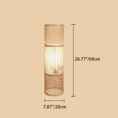 Traditional Japanese Wine Barrel Round Hollowed Out Parchment-Like Bamboo 1-Light Standing Floor Lamp For Living Room