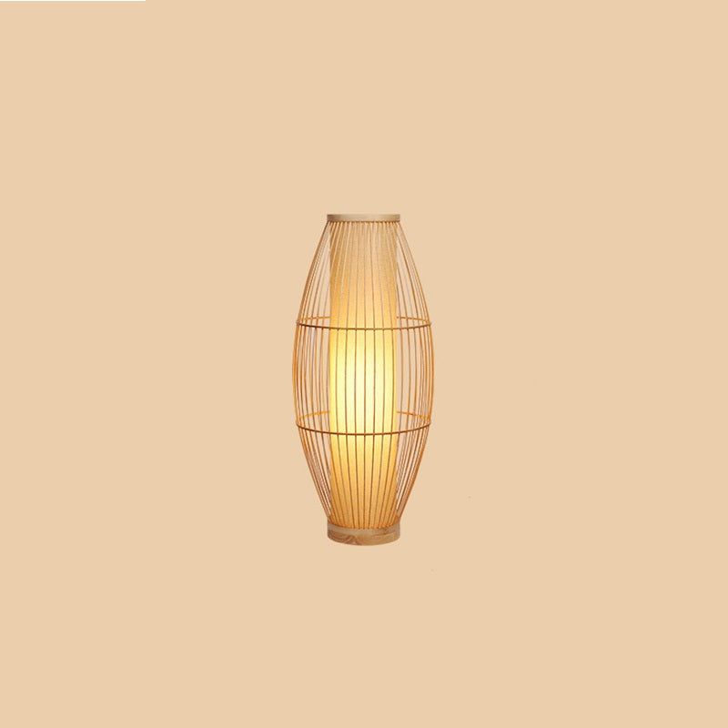 Traditional Japanese Wine Barrel Round Hollowed Out Parchment-Like Bamboo 1-Light Standing Floor Lamp For Living Room