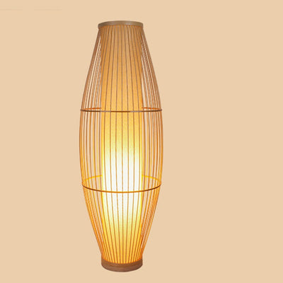 Traditional Japanese Wine Barrel Round Hollowed Out Parchment-Like Bamboo 1-Light Standing Floor Lamp For Living Room