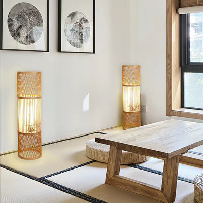 Traditional Japanese Wine Barrel Round Hollowed Out Parchment-Like Bamboo 1-Light Standing Floor Lamp For Living Room