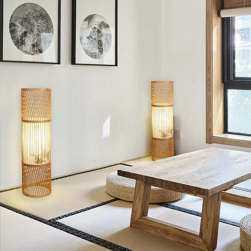 Traditional Japanese Wine Barrel Round Hollowed Out Parchment-Like Bamboo 1-Light Standing Floor Lamp For Living Room