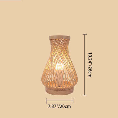 Traditional Japanese Small Waist Hollowed Round Bamboo 1-Light Table Lamp For Bedroom