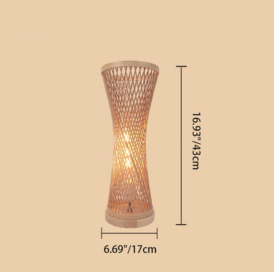 Traditional Japanese Small Waist Hollowed Round Bamboo 1-Light Table Lamp For Bedroom