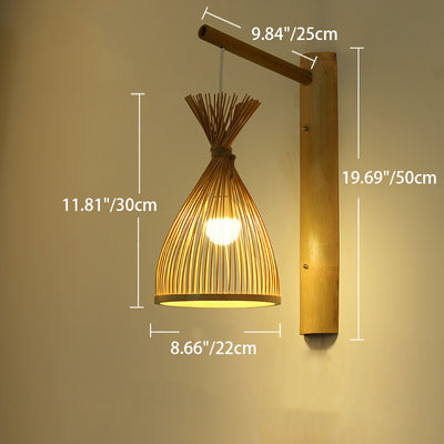 Traditional Chinese Lantern Braid Skeleton Bamboo Wood 1-Light Wall Sconce Lamp For Living Room