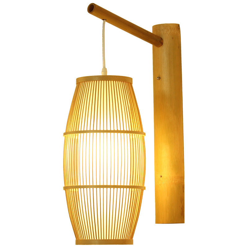 Traditional Chinese Lantern Cylinder Half Round Bamboo Wood 1-Light Wall Sconce Lamp For Living Room