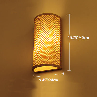 Traditional Chinese Lantern Cylinder Half Round Bamboo Wood 1-Light Wall Sconce Lamp For Living Room