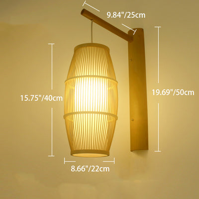 Traditional Chinese Lantern Cylinder Half Round Bamboo Wood 1-Light Wall Sconce Lamp For Living Room