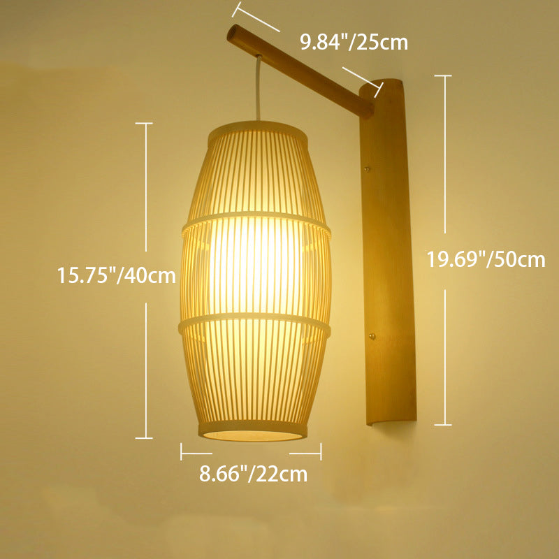 Traditional Chinese Lantern Cylinder Half Round Bamboo Wood 1-Light Wall Sconce Lamp For Living Room