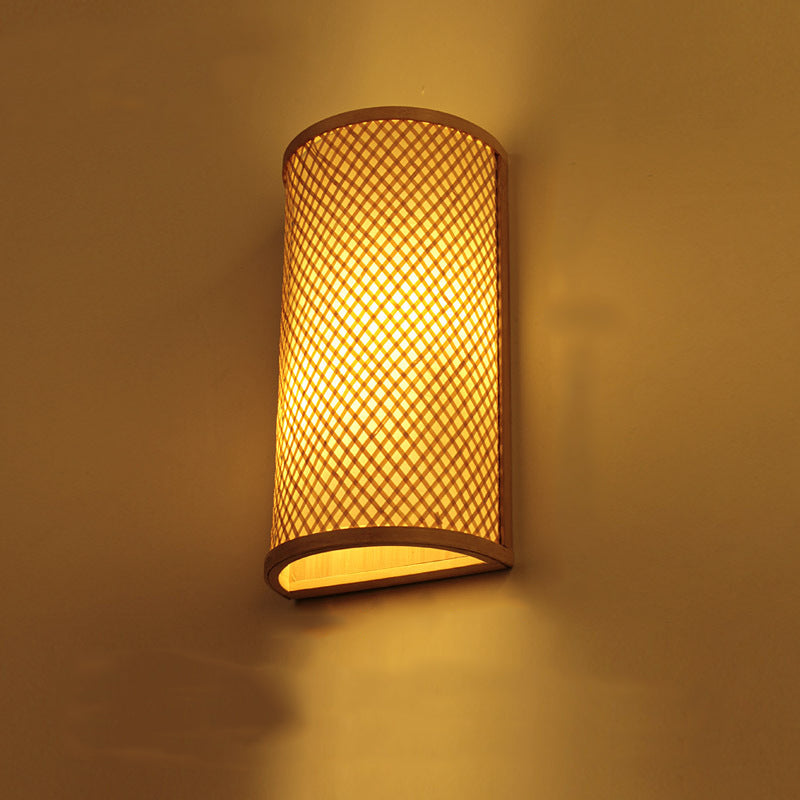 Traditional Chinese Lantern Cylinder Half Round Bamboo Wood 1-Light Wall Sconce Lamp For Living Room