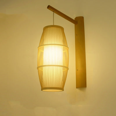 Traditional Chinese Lantern Cylinder Half Round Bamboo Wood 1-Light Wall Sconce Lamp For Living Room