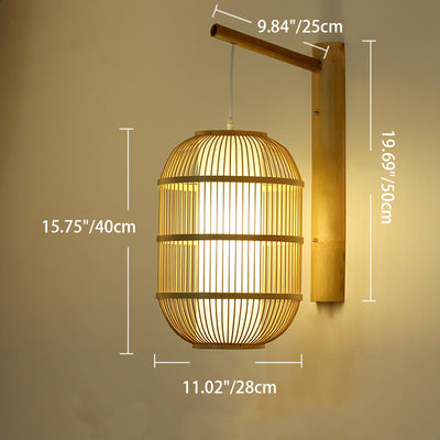 Traditional Chinese Cylinder Round PVC Wood 1-Light Wall Sconce Lamp For Living Room